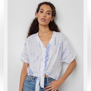 Rails Thea Blouse Cloud Tie Dye White Blue Linen Tied Front Revolve